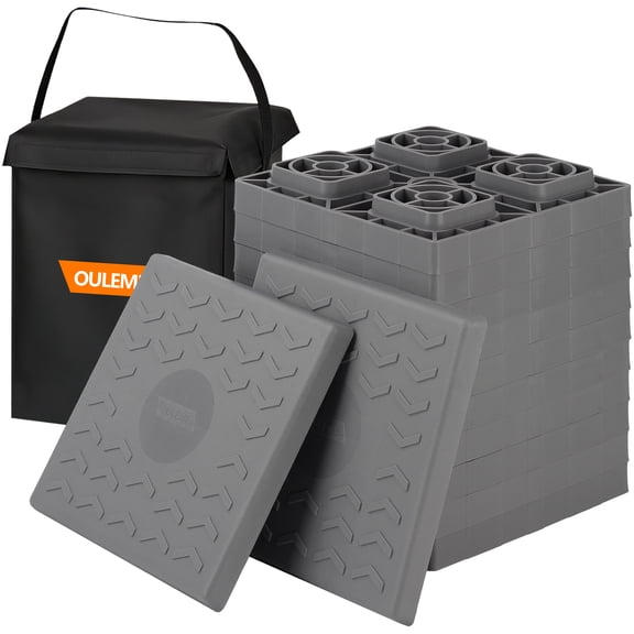 12 Pack RV Leveling Blocks, Stackable Camper Trailer Leveler, 10 Blocks, 2 Caps, Interlocking 8.5"x8.5"x1.5" Jack Pad, With Carrying Bag, Anti-UV HDPE, for Camper Travel Trailer, Gray