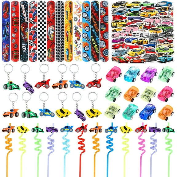 12 Pack Race Car Birthday Party Favors Set for Boys Kids Keychains Straws Slap Bracelets Mini Race Cars Sticker Racing Car Theme Birthday Party Supplies Baby Shower Treat Gift Goodie Bag Pinata Filler