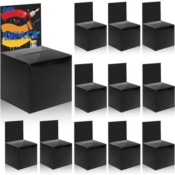 12 Pack Raffle Ticket Box Black Cardboard Suggestion Box with Slot Donation Ballot Boxes for Fundraising Collecting Business Card Voting Contest, 6 x 6 x 6 Inches