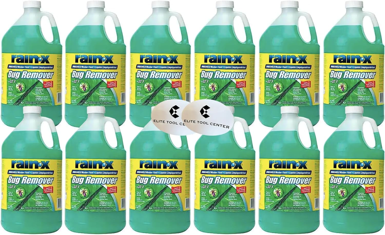 12 Pack Rain X Green Windshield Washer Fluid With Rain Repellant & Bug Remover 32* F All Weather Fluid 1 Gallon Each With Stickers