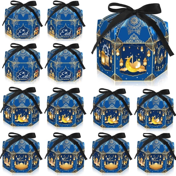 12 Pack Ramadan Eid Mubarak Treat Boxes - Gold Lantern and Moon Design, Hexagonal Paper Boxes with Ribbons, Muslim Holiday Party Candy Containers for Eid Al-fitr