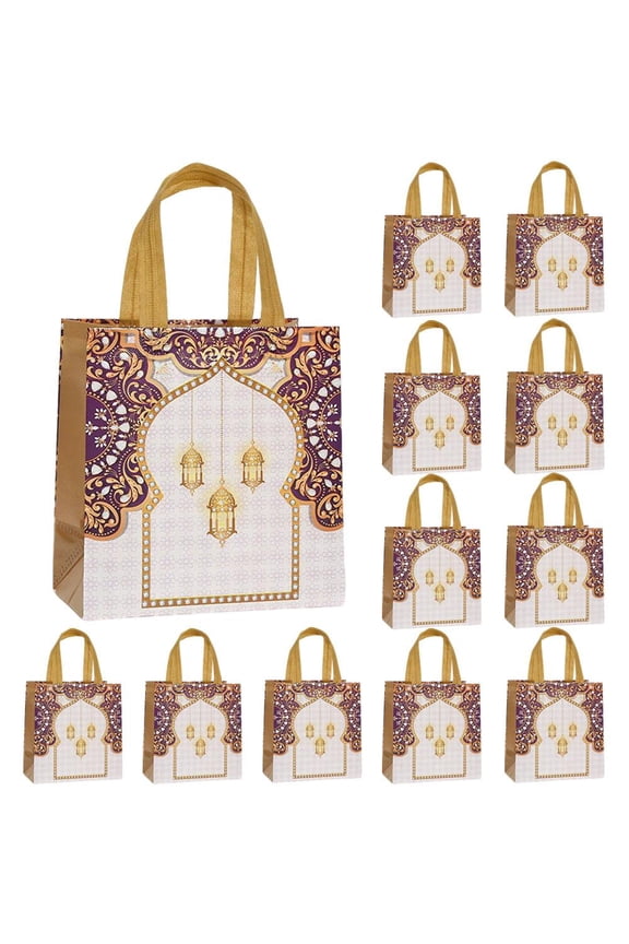 12 Pack Ramadan Tote Bags Bulk, Eco-Friendly Polyester Reusable Shopping Bags with Islamic Art Print, Large Capacity Foldable Tote for Eid Gift, Charity, Grocery, Travel (9.06x8.67x4.33inch)