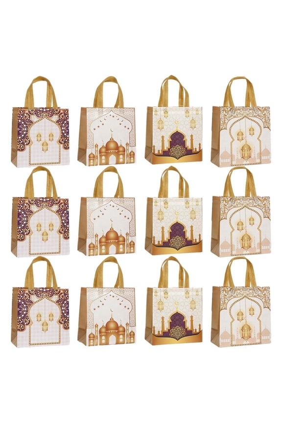 12 Pack Ramadan Tote Bags Bulk, Eco-Friendly Polyester Reusable Shopping Bags with Islamic Art Print, Large Capacity Foldable Tote for Eid Gift, Charity, Grocery, Travel (9.06x8.67x4.33)