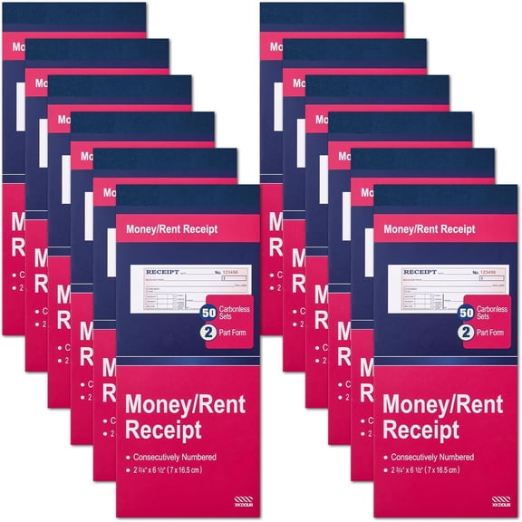 12 Pack Receipt Book with Carbon Copies, Money and Rent Receipt Book 2 Part Carbonless, 2-3/4" x 6-1/2" Receipt Book for Small Business, 50 Sets per Book