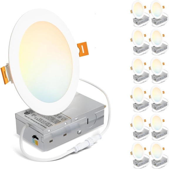 12 Pack Recessed Ceiling Light 6 inch, 1200LM High Brightness, 0-100% Dimmable Canless Wafer Downlight, Yellow to Day White 5 CCT Selectable