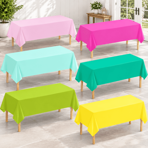 12 Pack Rectangle Disposable Plastic Tablecloths, Rose Red Yellow Pink Green, For Tropical Luau Summer Parties