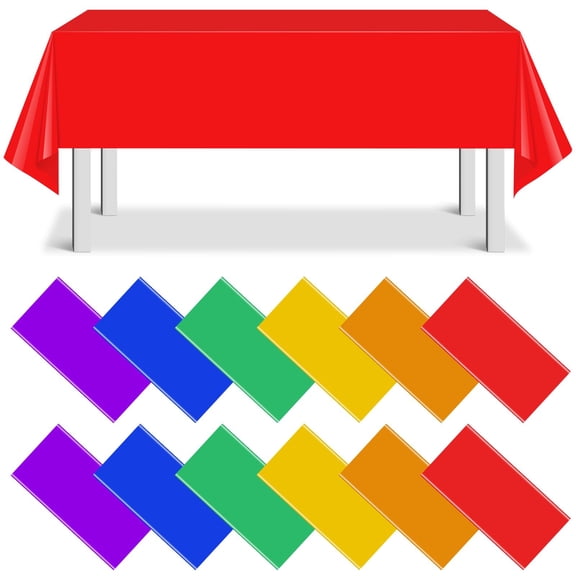 12 Pack Rectangle Plastic Disposable Tablecloths, Rainbow Assorted Colors, Party Decorations