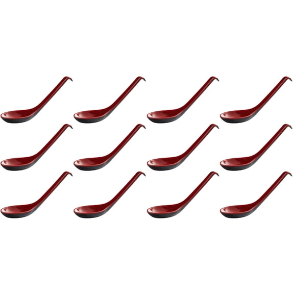12 Pack - Red and Black 6.5-inch Asian Soup Spoon with Hook Fuji Chinese Japanese Korean Style Spoon, Perfect for Melamine Won Ton Rice Pho Soba & Ramen Noodle Soups