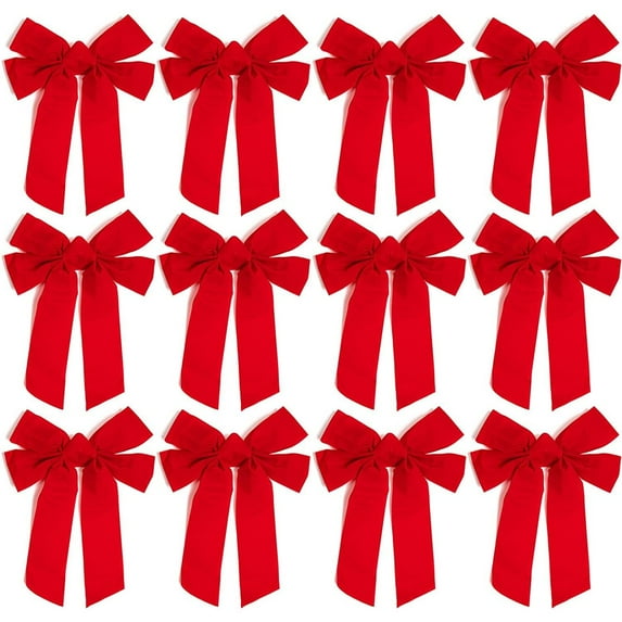 12 Pack Red Christmas Ribbon Bows for Xmas Wreath Holiday Party Favors, Gift Wrapping and Xmas Tree Decoration, 9" x 12"