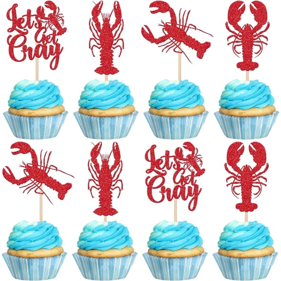 12 Pack Red Glitter Crawfish Boil Cupcake Toppers, Let's Get Cray & Lobster Picks for Cajun Seafood Party Cake Decorations Supplies