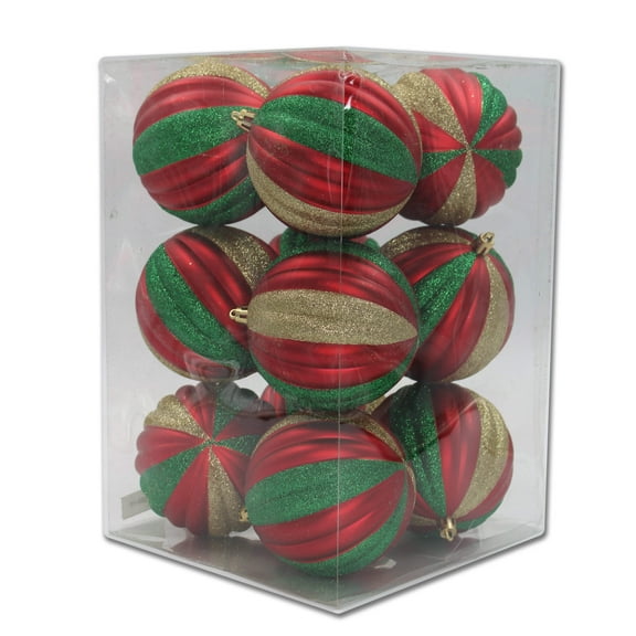 12 Pack Red, Gold and Green Assorted Ball Ornaments