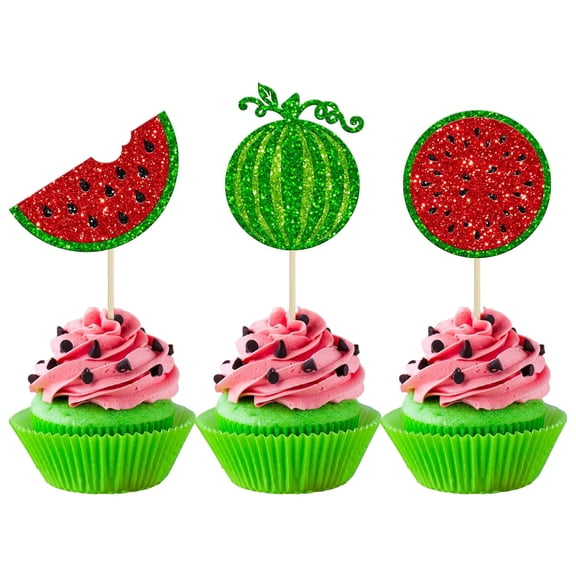 12 Pack Red & Green Glitter Watermelon Slice Cupcake Toppers, Summer Party Picks Decorations