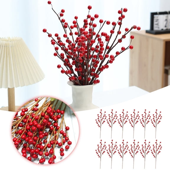 12 Pack Red Holly Berry Stems Picks, 13.7 Inch Artificial Burgundy Berry Stems for Christmas Tree Decorations, Holiday Floral Arrangements, Winter Home DIY Crafts and Festive Decor