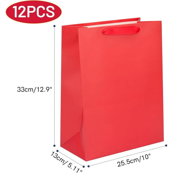 12 Pack Red Kraft Paper Gift Bags with Handles for Wedding, Birthday, Party, Shopping
