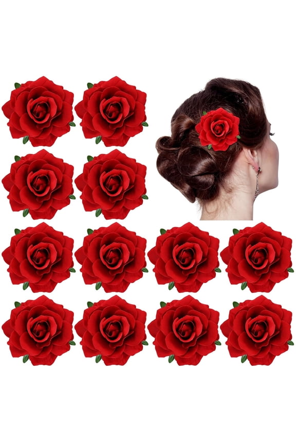 12 Pack Red Rose Flower Hair Clips & Brooch Pins - Flamenco Dancer Floral Hair Accessories for Weddings, Prom, Mexican Fiesta, and Bridal Headpieces