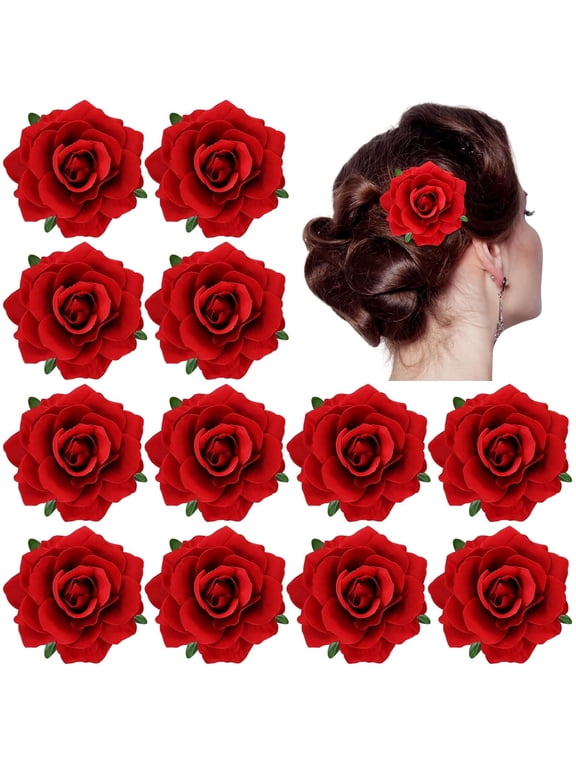 12 Pack Red Rose Flower Hair Clips & Brooch Pins - Flamenco Dancer Floral Hair Accessories for Weddings, Prom, Mexican Fiesta, and Bridal Headpieces