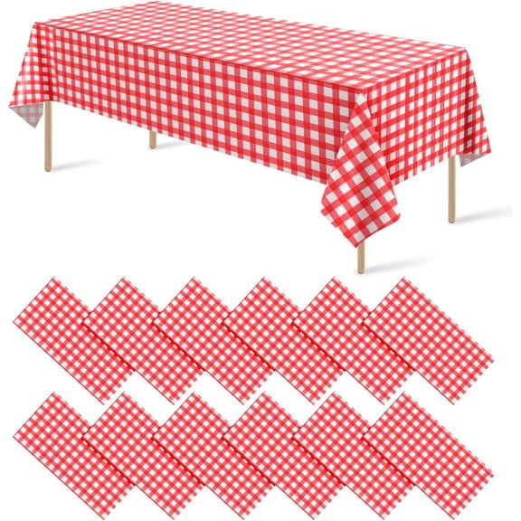 12 Pack Red and White Plastic Checkered Tablecloth, Premium Decorative Disposable Red Gingham Plaid Table Cloths for Parties, Rectangle Party Table Cover for Picnic Farm Birthday Wedding