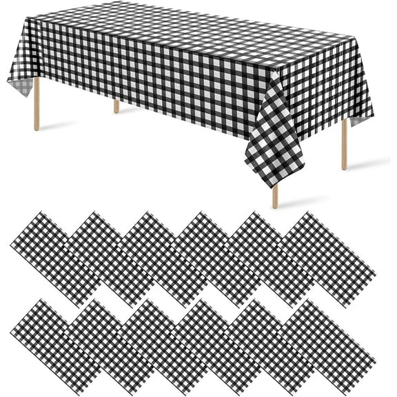 12 Pack Red and White Plastic Checkered Tablecloth, Premium Decorative Disposable Red Gingham Plaid Table Cloths for Parties, Rectangle Party Table Cover for Picnic Farm Birthday Wedding, 54x108 Inch