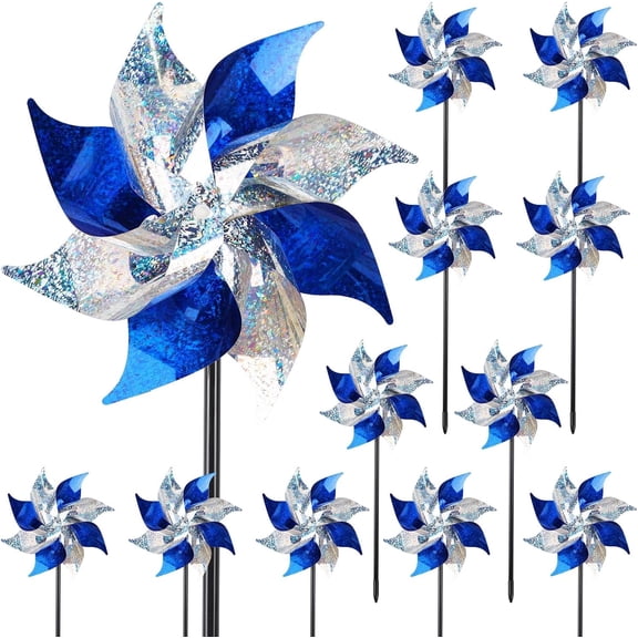 12-Pack Reflective Bird Deterrent Pinwheels with Stakes, Metallic Blue Extra Sparkly Wind Spinners for Beautiful Garden Decor, Humane Pigeon and Woodpecker Repeller for Yard, Patio & Orchards