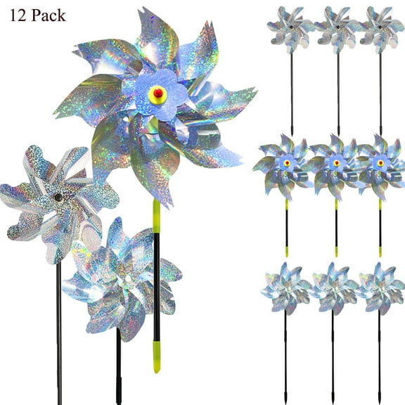 12 Pack Reflective Pinwheels Bird Blinder Sparkly Pin Wheel Scare Birds & Animal Away Wind Spinner Outdoor Yard Garden Patio Farm