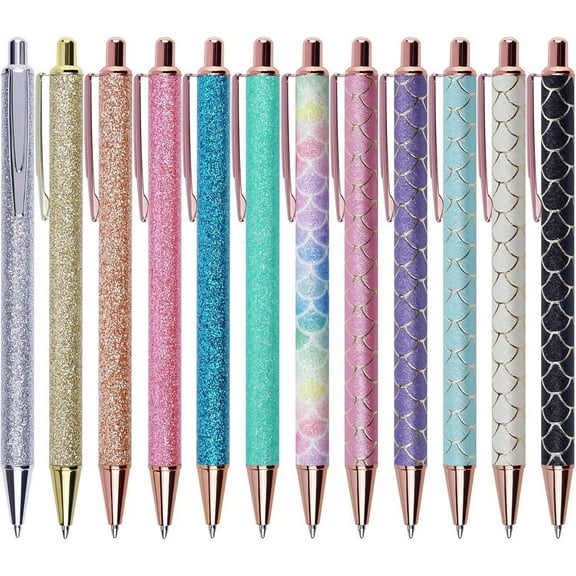 12 Pack Retractable Pretty Fun Pens 1.0 mm Medium Point Black Ink Ballpoint Pens Quick Dry Metal Retractable Pens for Nurses Waitress Women Glitter (Mix Colors) stylus tip aesthetic pen cute