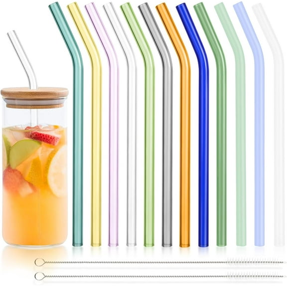 12 Pack Reusable Colored Glass Straws - 9" x 10 MM Bent Glass Drinking Straws with 2 Cleaning Brushes, Thick Straw for Smoothies, Milkshake, Frozen Drinks, Tea, Juice, Iced Coffee