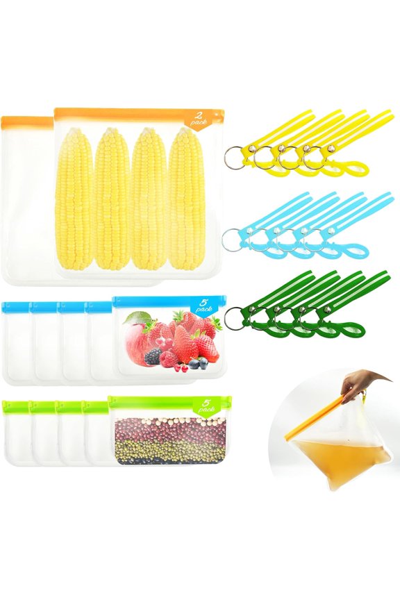 12 Pack Reusable Freezer Bags with 12pcs Silicone Keychain,(XL&L&M) Zip Lock Sandwich Bags,Freezer Bags Reusable,2 Reusable Gallon Bags&5 Reusable Sandwich Bags&5 Snack Bags