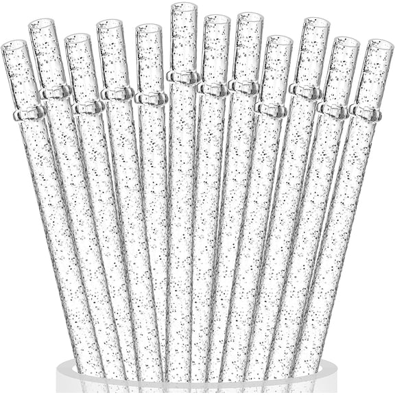 12-Pack Reusable Glitter Straws, 11" Long Clear Hard Plastic Tumbler Straws, Replacement Drinking Straws for 20 OZ 30 OZ Stanley, Yeti/Rtic, Starbucks, Mason Jars with Brush