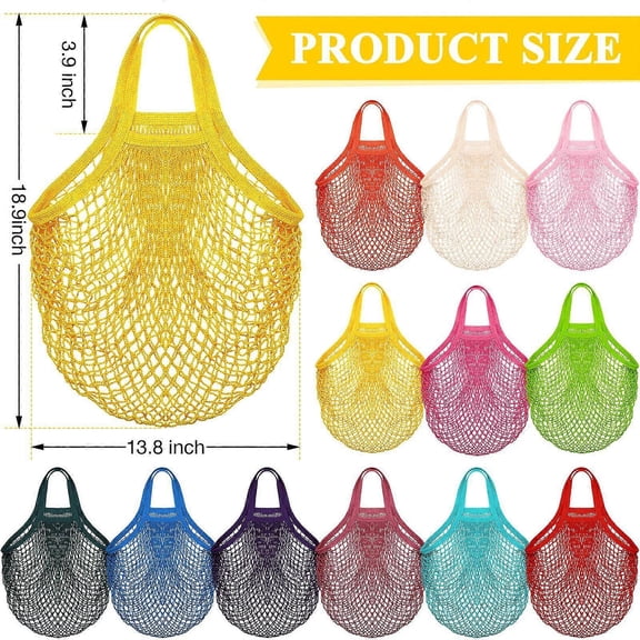 12 Pack Reusable Mesh Grocery Bags Crochet Market Bag Cotton Kitchen Netted Tote Bag