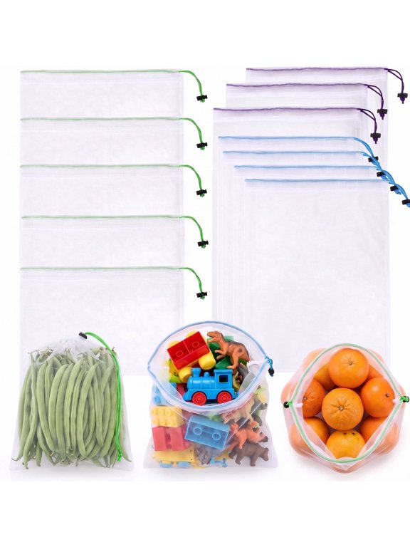 12-Pack Reusable Mesh Produce Bags, Heavy Duty Washable Grocery Bags | Food-Safe, See-Through, Barcode Scannable Drawstring Storage
