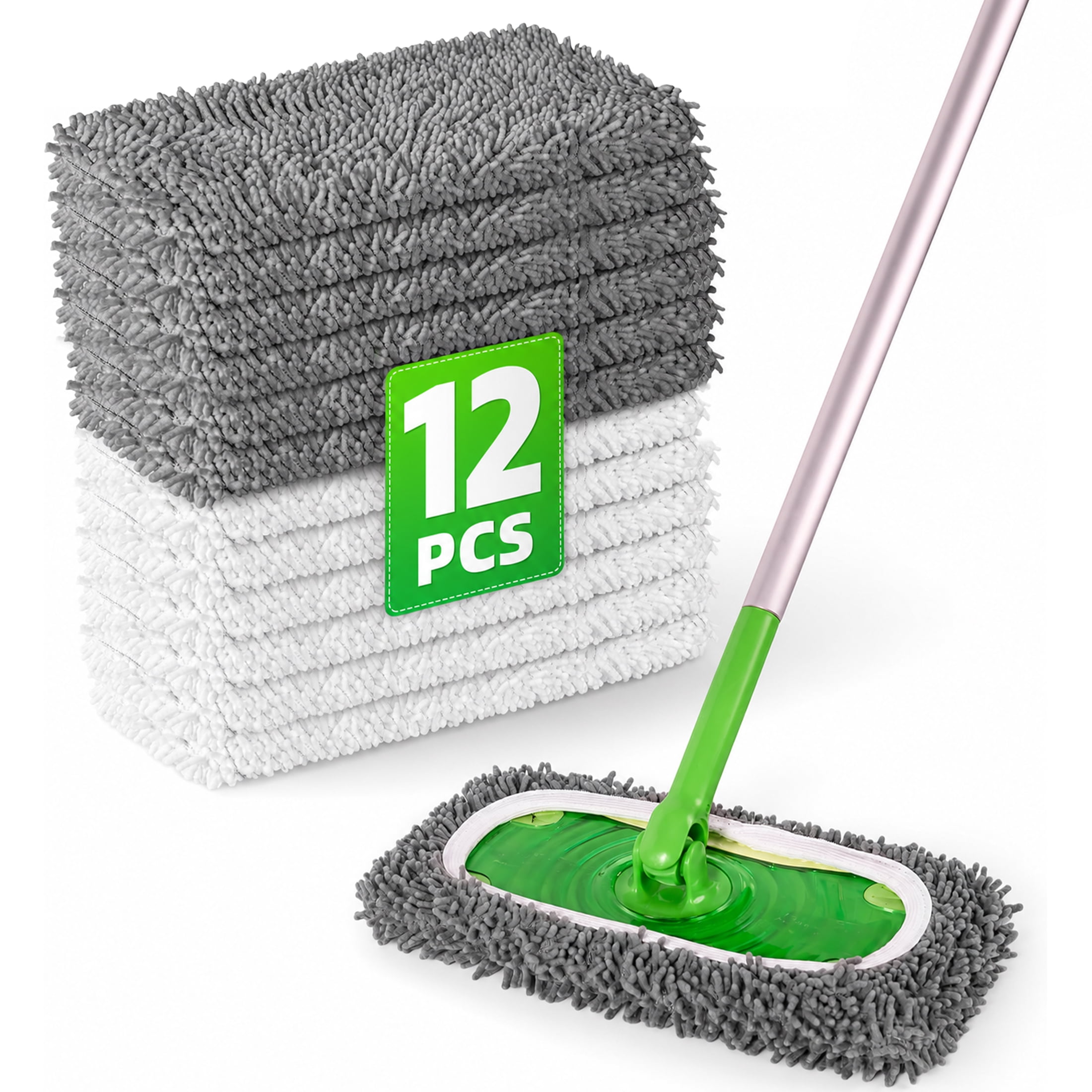 12 Pack Reusable Mop Pads Compatible with SwifferSweeper Mop, Wet and Dry Chenille Sweeping Cloths, Washable Pads Refill, Microfiber Pads for Multi-Surface/Hardwood Floor Cleaning (Gray, White)