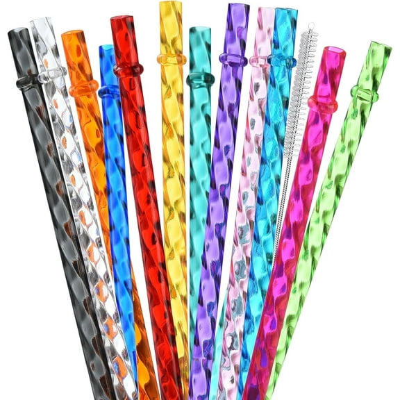 12-Pack Reusable Plastic Clear Swirl Straws, 13" Extra Long Colorful Hard Plastic Replacement Straws for 16 OZ 20 OZ 30 OZ Stanley, YETI, Starbucks, Owala Tumblers with Straw Brush