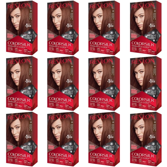 (12 Pack) Revlon Colorsilk Beautiful Color Permanent Hair Color with 3D Gel Technology And Keratin, 100% Gray Coverage Hair Dye, 44 Medium Reddish Brown