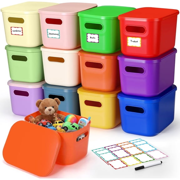 12 Pack Richly Colorful Plastic Storage Bins with Lids 7 Quart Toy Storage Box Stackable Nestable Organizer Boxes with Handle and Labels for Classroom Shelf Bedroom Desktop Toys School Supplies