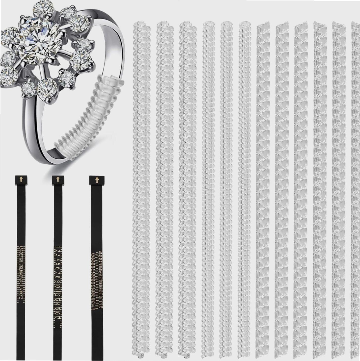 TRINYAA 12 Pack Ring Size Adjuster for Loose Rings Silicone with 3 Sizes Ring Size Measuring Tool Invisible Plastic Ring Guard Tightener Snuggies Set with Polishing Cloth for Women Men Wedding Rings