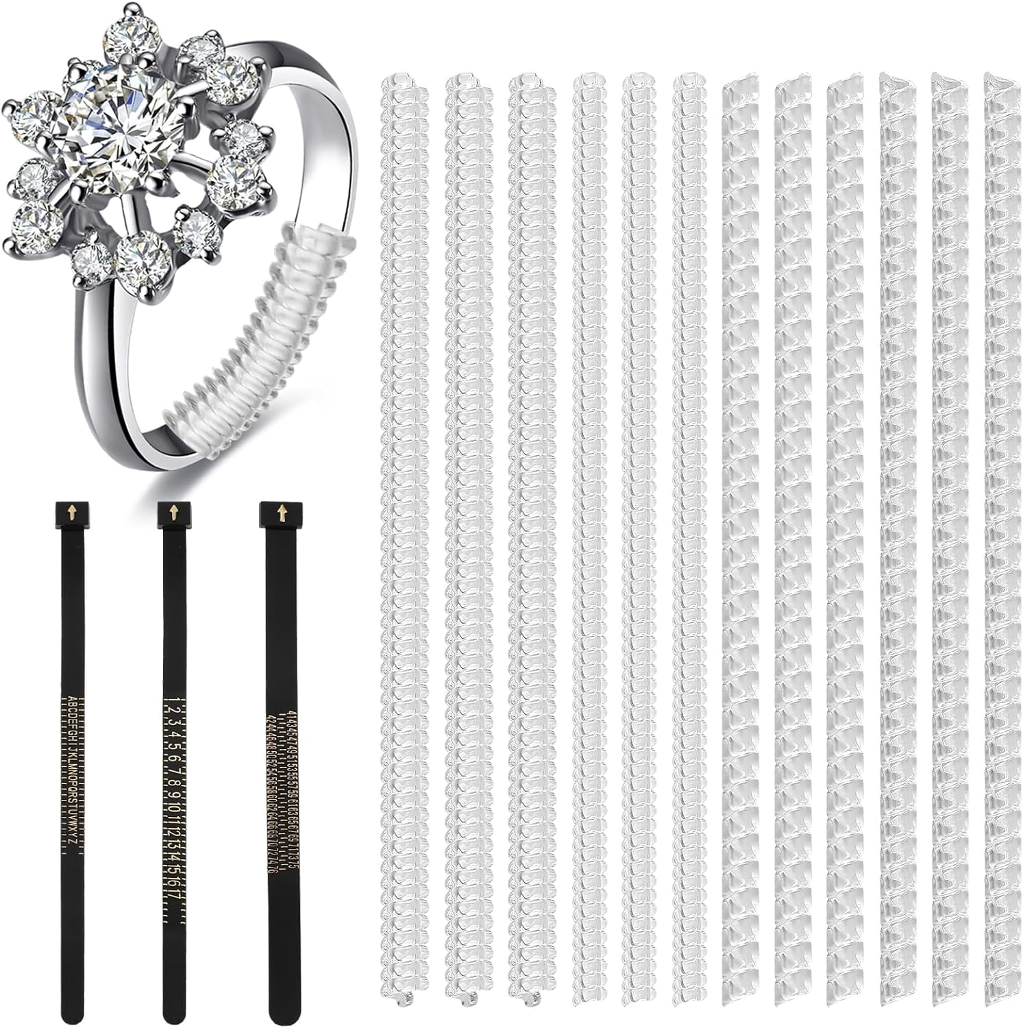 MENKEY 12 Pack Ring Size Adjuster for Loose Rings Silicone with 3 Sizes Ring Size Measuring Tool Invisible Plastic Ring Guard Tightener Snuggies Set with Polishing Cloth for Women Men Wedding Rings