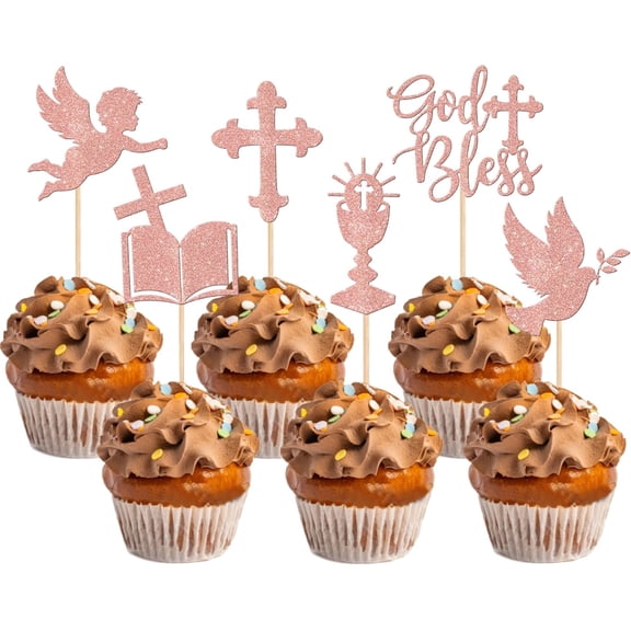 12 Pack Rose Gold Glitter Religious Cupcake Toppers, Cross, Angel, "God Bless" Picks for Baptism, First Communion Party Cake Decorations Supplies