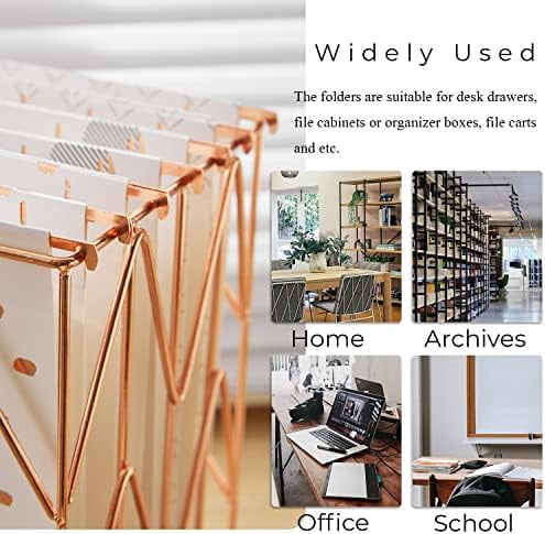 12 Pack Rose Gold Hanging File Folders Letter Size Decorative File Folder Cute Pretty Hanging Folder Organizer for Filing Cabinet Office Home with 1/5-Cut Adjustable Tabs, 3 Gold Foil Design