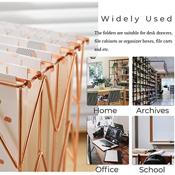 12 Pack Rose Gold Hanging File Folders Letter Size Decorative File Folder Cute Pretty Hanging Folder Organizer for Filing Cabinet Office Home with 1/5-Cut Adjustable Tabs, 3 Gold Foil Design