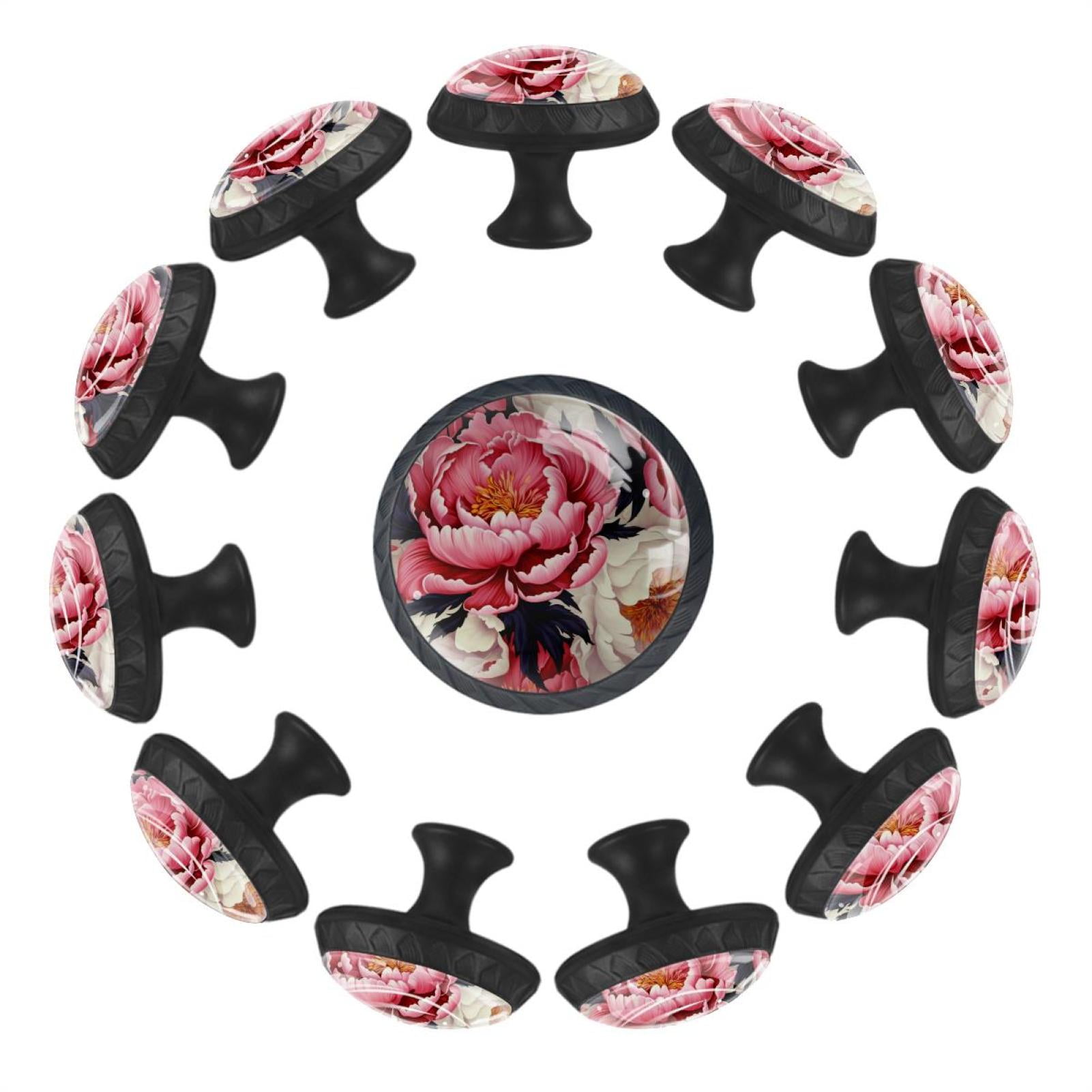 12 Pack Round Glass Drawer Knobs For Kitchen With Screws, Peony