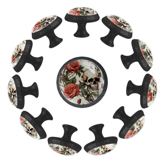 12 Pack Round Glass Drawer Knobs For Kitchen Cabinet With Screws, Skull with Flowers Rose Pattern Crystal Diamond Shaped Cupboard Knobs For Kitchen Office Bathroom