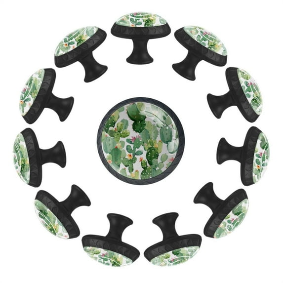 12 Pack Round Glass Drawer Knobs For Kitchen Cabinet With Screws, Watercolor Seamless Tropical Green Cactus Crystal Diamond Shaped Cupboard Knobs For Kitchen Office Bathroom