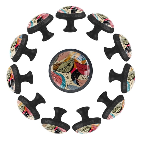 12 Pack Round Glass Drawer Knobs For Kitchen Cabinet With Screws, Abstract Vintage Colors Tropical Line Art Leaves Crystal Diamond Shaped Cupboard Knobs For Kitchen Office Bathroom