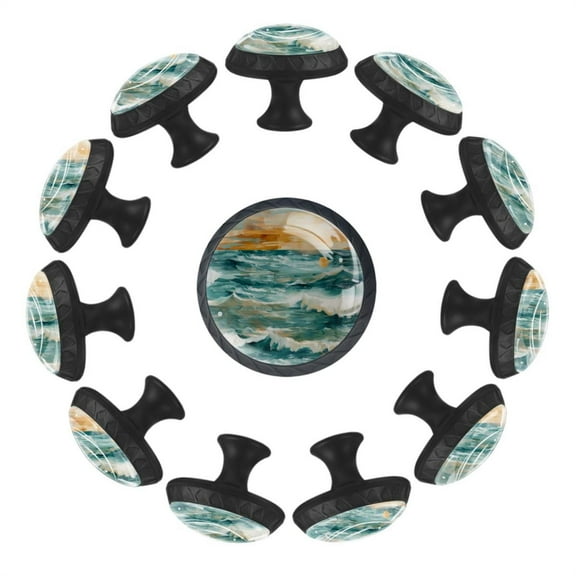 12 Pack Round Glass Drawer Knobs For Kitchen Cabinet With Screws, Boho Beach Coastal Teal Ocean Sunrise Pattern Crystal Diamond Shaped Cupboard Knobs For Kitchen Office Bathroom
