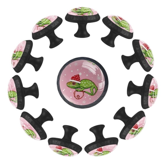 12 Pack Round Glass Drawer Knobs For Kitchen Cabinet With Screws, Cute Christmas Chameleon Animal with Hat and Snowflake Crystal Diamond Shaped Cupboard Knobs For Kitchen Office Bathroom