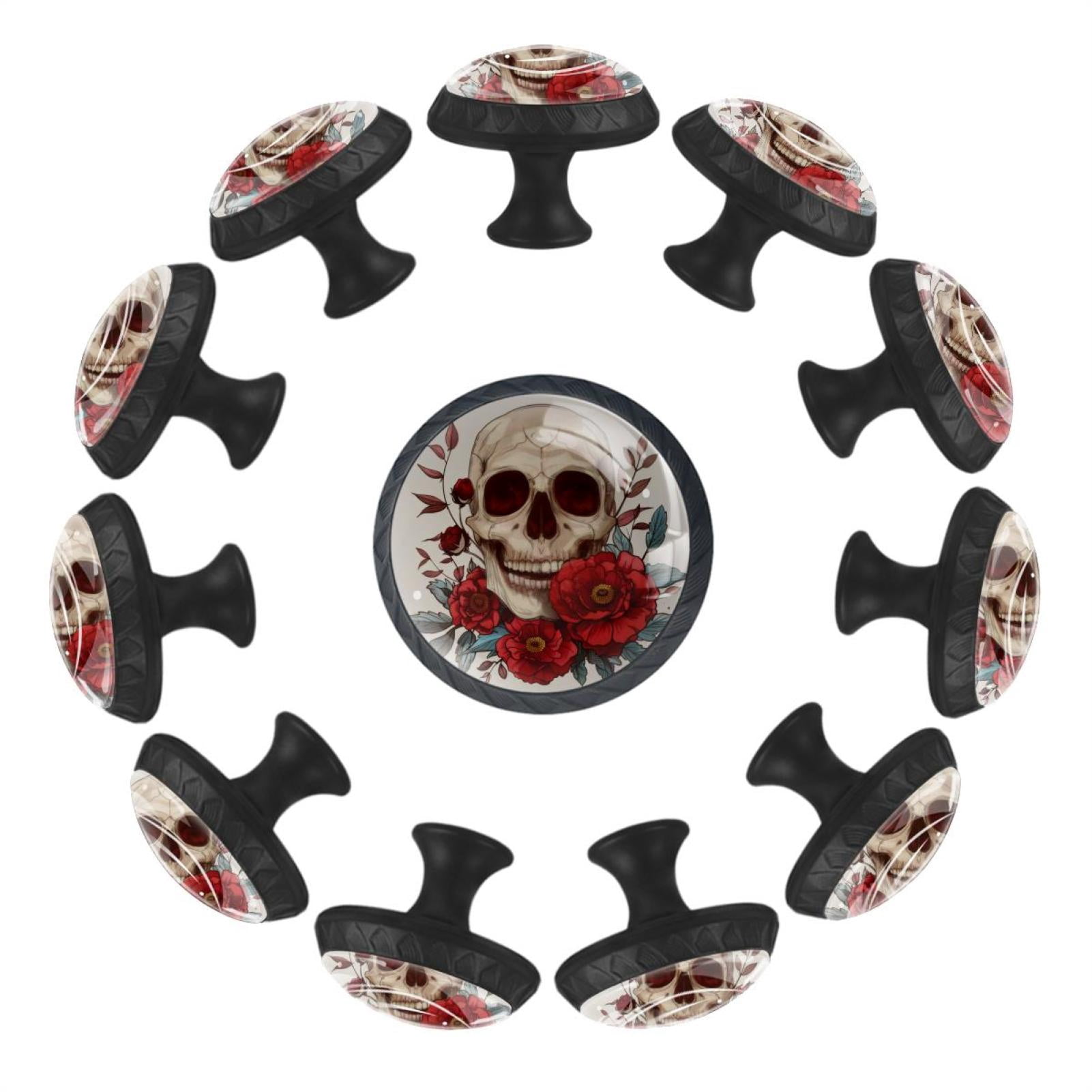 12 Pack Round Glass Drawer Knobs For Kitchen Cabinet With Screws, Day of the Dead Skull and Flowers Crystal Diamond Shaped Cupboard Knobs For Kitchen Office Bathroom