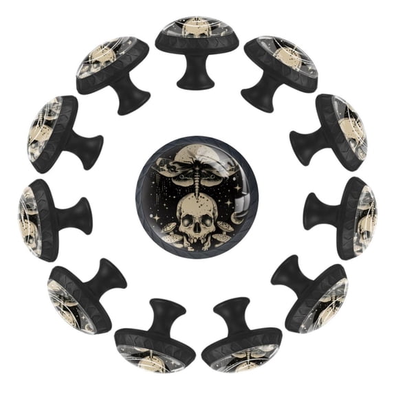 12 Pack Round Glass Drawer Knobs For Kitchen Cabinet With Screws, Skull Hippie Mushroom Moon and Stars Pattern Crystal Diamond Shaped Cupboard Knobs For Kitchen Office Bathroom