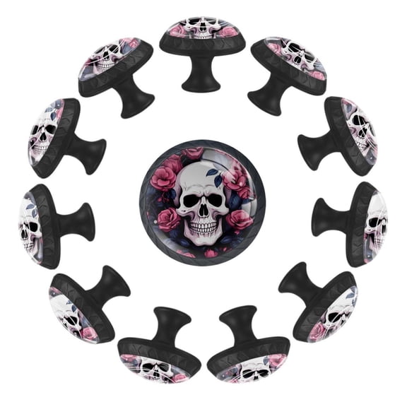 12 Pack Round Glass Drawer Knobs For Kitchen Cabinet With Screws, Skull with Roses Art Pattern Crystal Diamond Shaped Cupboard Knobs For Kitchen Office Bathroom