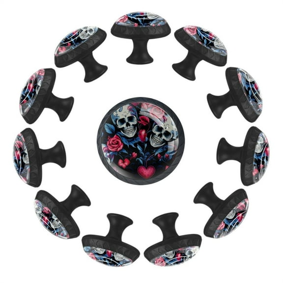 12 Pack Round Glass Drawer Knobs For Kitchen Cabinet With Screws, Skull with Roses Art Pattern Crystal Diamond Shaped Cupboard Knobs For Kitchen Office Bathroom