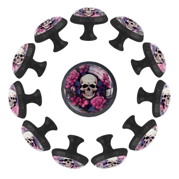 12 Pack Round Glass Drawer Knobs For Kitchen Cabinet With Screws, Skull with Roses Art Pattern Crystal Diamond Shaped Cupboard Knobs For Kitchen Office Bathroom